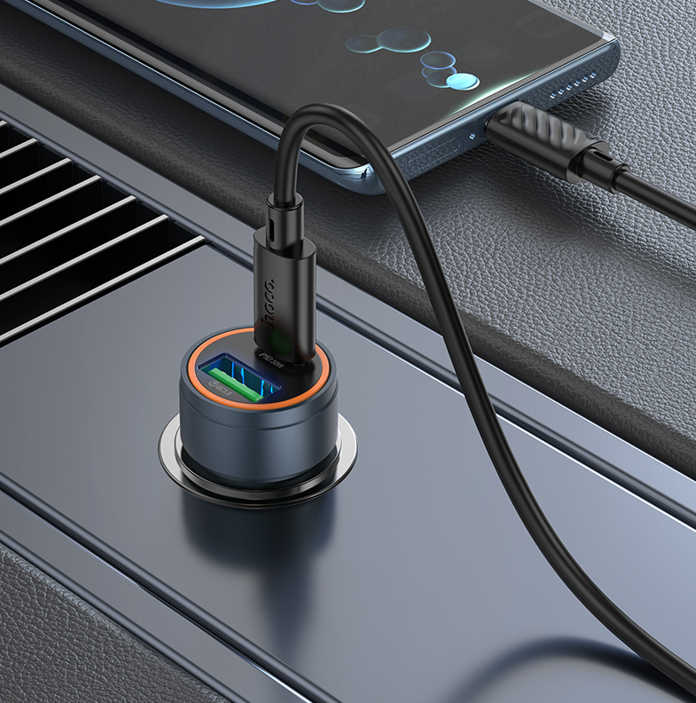 Hoco Z57A Glorious 30W PD/QC3.0 Metal Car Charger – Gold, Dual USB & Type-C Fast Charge