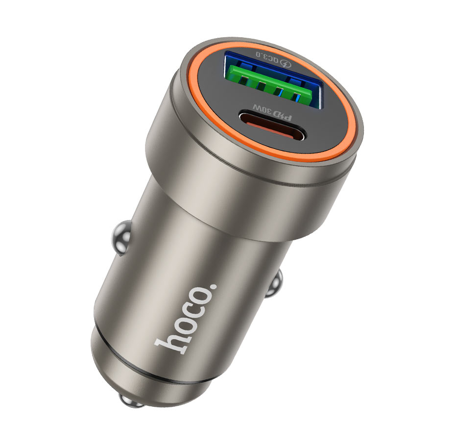 Hoco Z57A Glorious 30W PD + QC3.0 Dual Port Car Charger with Type-C to iPhone Cable – Gold