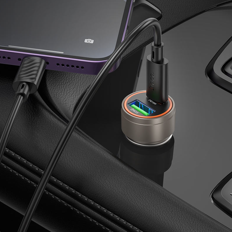 Hoco Z57A Glorious 30W PD + QC3.0 Dual Port Car Charger with Type-C to iPhone Cable – Gold