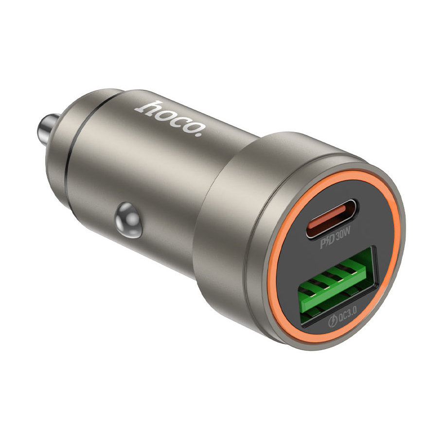 Hoco Z57A Glorious 30W PD + QC3.0 Dual Port Car Charger with Type-C to iPhone Cable – Gold