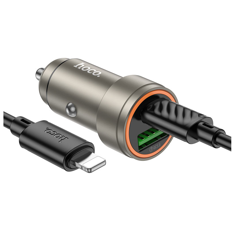 Hoco Z57A Glorious 30W PD + QC3.0 Dual Port Car Charger with Type-C to iPhone Cable – Gold