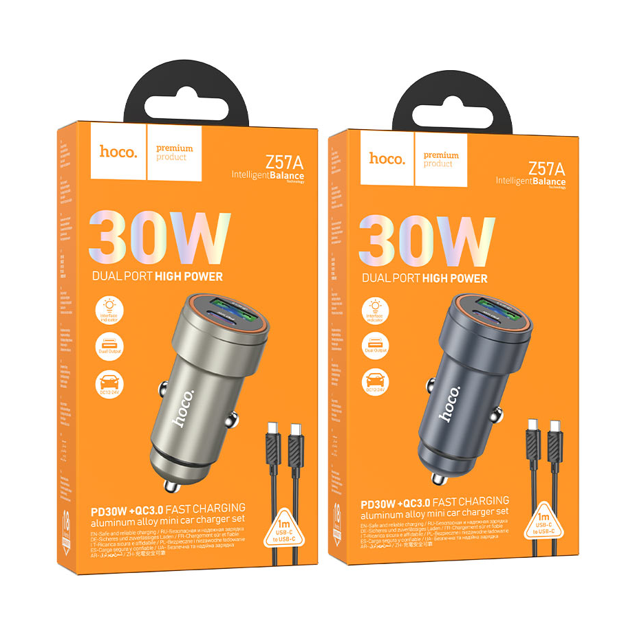 Hoco Z57A Glorious 30W PD + QC3.0 Dual Port Car Charger with Type-C to iPhone Cable – Gold