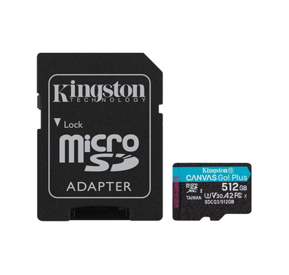 Kingston Canvas Go! Plus, Flash memory card (microSDXC to SD adapter included), 512 GB, A2, Video Class V30, UHS,I U3, Class10, microSDXC UHS,I