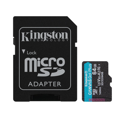 Kingston Canvas Go! Plus, Flash memory card (microSDXC to SD adapter included), 64 GB, A2, Video Class V30, UHS,I U3, Class10, microSDXC UHS,I