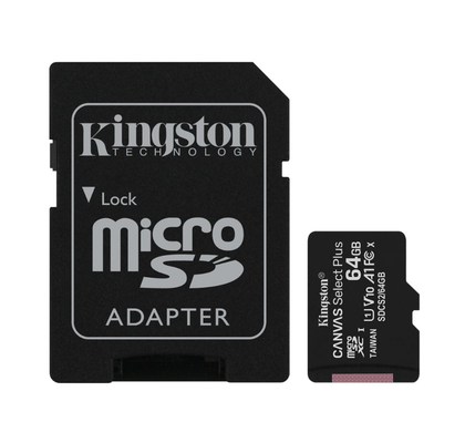 Kingston Canvas Select Plus - Flash memory card (microSDXC to SD adapter included) - 64 GB - A1 / Video Class V10 / UHS Class 1 / Class10 - microSDXC UHS-I