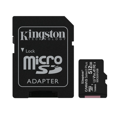 Kingston Canvas Select Plus, Flash memory card (microSDXC to SD adapter included), 512 GB, A1, Video Class V30, UHS Class 3, Class10, microSDXC UHS,I