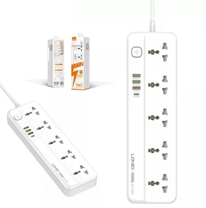 LDNIO 2M Universal Power Strip Extension lead. 4 USB Ports. Switch. 2500W. USB PD/QC3 20W. UK/IE Plug to 5 AC sockets for UK/IE,EU,US & Asia plugs