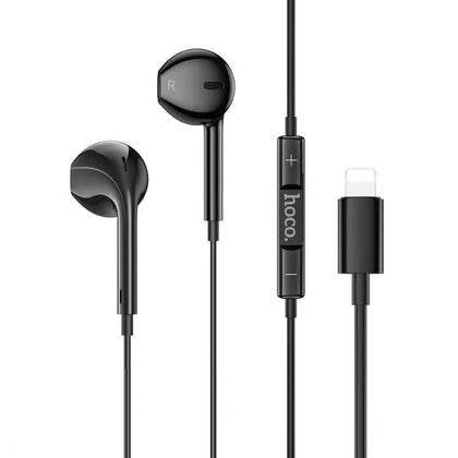 Earphones for iPhone. Wired, In-ear, Mic, Volume and Call answer buttons. Compatible with iPhone 7 to 14. Plug and Play. Hoco M111. Black.