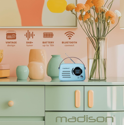 Madison FREESOUND-VR30BL-DAB Portable Bluetooth Vintage Radio 30W with DAB+, FM, USB, Subwoofer. Matt Blue