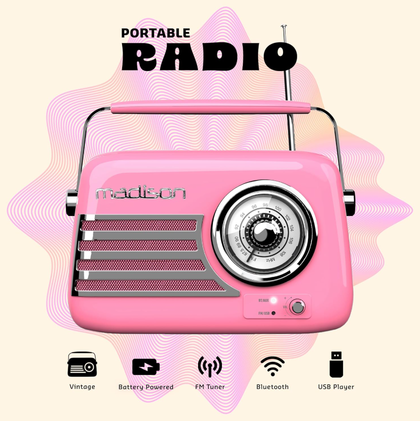 Madison FREESOUND-VR40P 30W Vintage Bluetooth Portable Radio with USB, FM, AUX, Long Battery Life – Pink