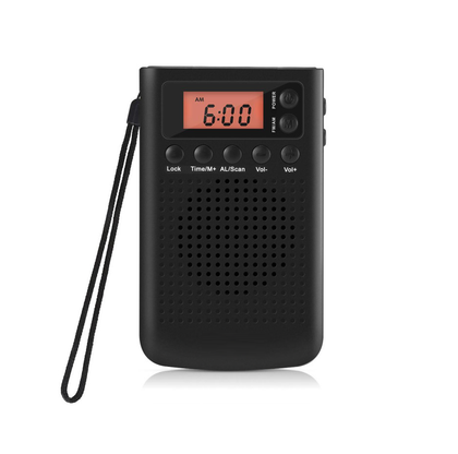 Portable PR-209 Multi-Use Pocket FM/AM Radio with Earphone Jack, Alarm, and Clip. Black