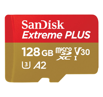 SanDisk Extreme PLUS, Flash memory card (microSDXC to SD adapter included), 128 GB, A2, Video Class V30, UHS,I U3, Class10, microSDXC UHS,I