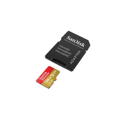 SanDisk Extreme, Flash memory card (microSDXC to SD adapter included), 128 GB, A2, Video Class V30, UHS,I U3, Class10, microSDXC UHS,I