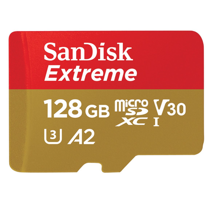 SanDisk Extreme, Flash memory card (microSDXC to SD adapter included), 128 GB, A2, Video Class V30, UHS,I U3, Class10, microSDXC UHS,I