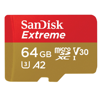 SanDisk Extreme, Flash memory card (microSDXC to SD adapter included), 64 GB, A2, Video Class V30, UHS,I U3, Class10, microSDXC UHS,I