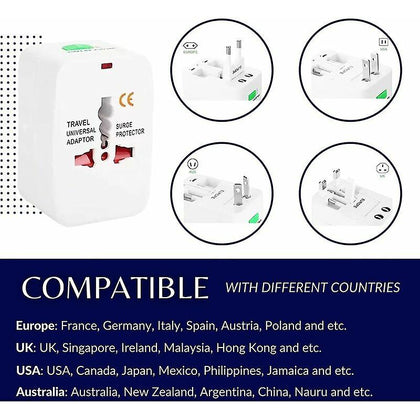 Travel adapter plug surge protection dual USB ports universal IE / UK / EU / US / AU / NZ / Asia wall plug converter. Pack of 1