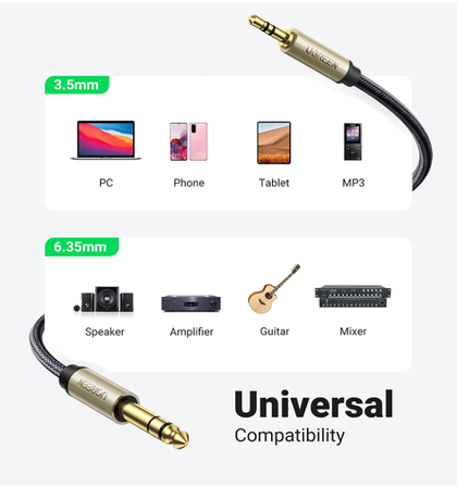 UGREEN 3.5mm to 6.35mm Jack Cable Aux Adapter Stereo Audio Digital Instrument Cable Supports Guitar Mixer Microphone Recorder Mixer Amplifier 1m