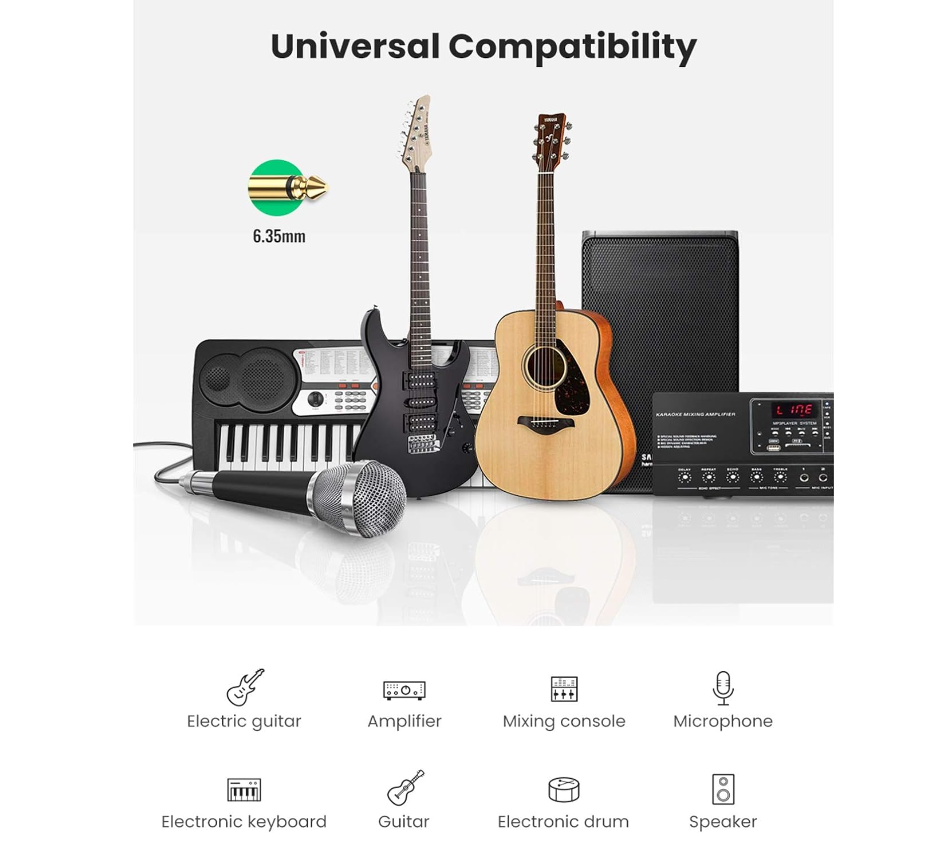UGREEN 6.5mm to 6.5mm Jack Cable. Aux Adapter for Stereo Audio. Digital Instrument Cable. Supports Guitar, Mixer, Microphone, Recorder & Amplifier. 1m