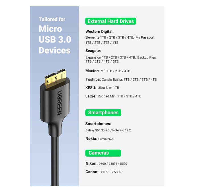 UGREEN USB 3.0 Type-A to Micro USB-B Cable 1m Black – 5Gbps Data Transfer, Gold-Plated Connectors