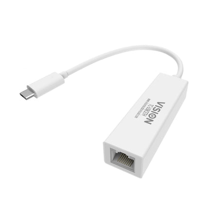 USB-C 3.1 (M) To Rj45 (F) Gigabit Ethernet Network Adapter. 10/100/1000 Mbps. Compatibility, Laptop PC Windows, Macbook, Android. White. Vision