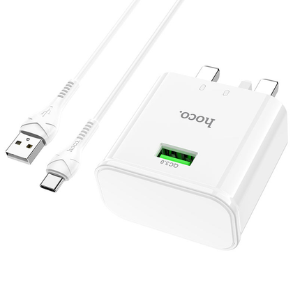 USB Charging plug with USB-C cable for Android and iPhone with USB-C port. QC3 Fast Charger. 12v 1.5a 18W Hoco C92B