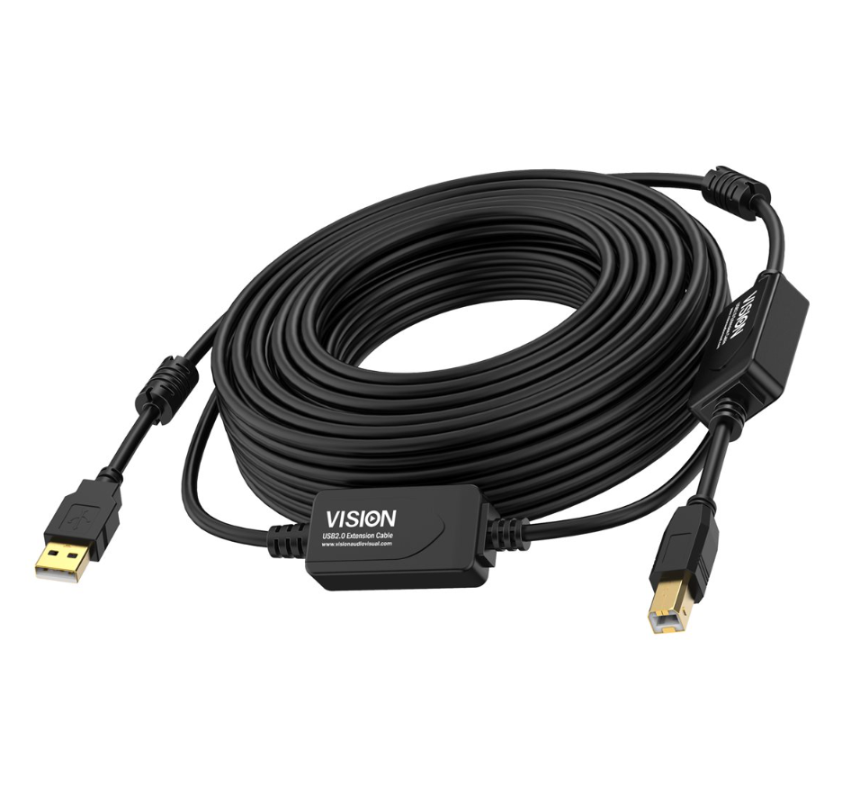 Vision. 10m USB 2.0 Active Printer cable. USB-A (M) to USB-B (M). Bandwidth 480mbit/s. 28+24 AWG. Ferrite cores. Black.