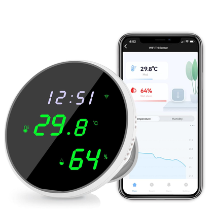 WiFi Smart Humidity Temperature Sensor. Smart Life App Control. Mains Powered via USB Cable. Sensor to App refresh rate, real-time. Round