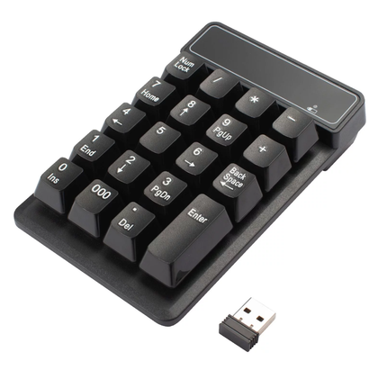 Wireless Numeric Keypad. 2.4G USB. Portable, Mini, 19 Keys, Black. Perfect for Laptop, Desktop PC, iPad, Tablet. Windows, Mac & Linux compatible.