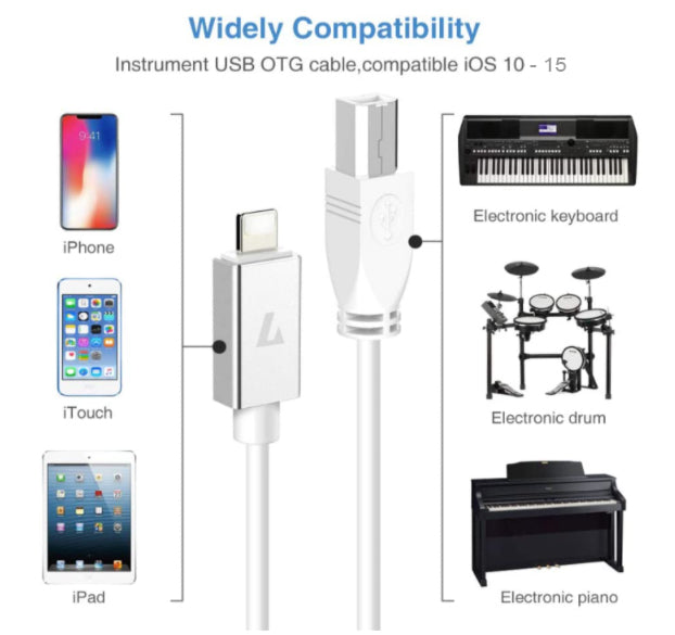 Lightning to USB-B Midi Cable for iPad/iPhone,USB Type B Midi Cord for  iPad/iPhone Work with Electronic Music Instrument/Piano/Midi  Keyboard/Recording