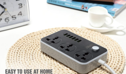 LDNIO 2m power strip. Ireland, UK, US, Asia, AU. 3 Power sockets. 6 USB max 3.4a with Auto identify. Anti static power socket and Extension lead.