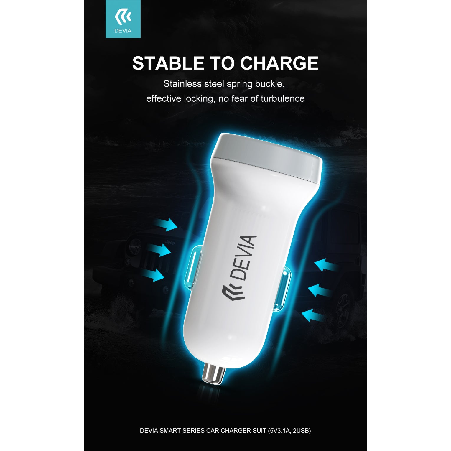 Devia car charger with USB-A to USB-C cable 3.1A Dual Port Car Charger for android iPad with USB C port white