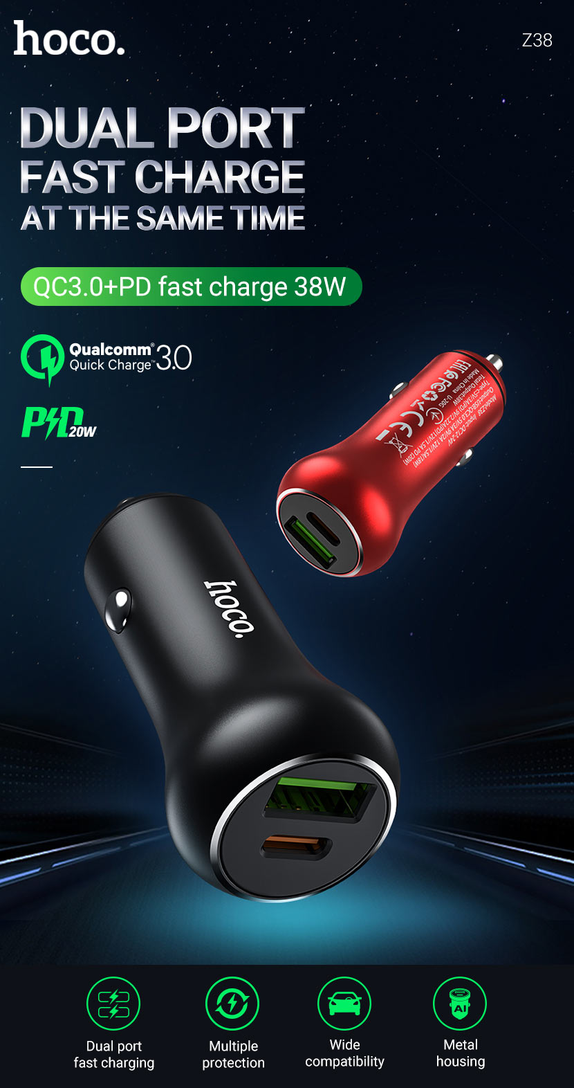 Hoco 38W iPhone Android car charger Type-c dual USB Port Car Charger Q –