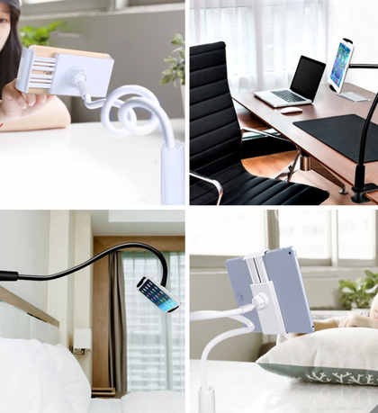 Lazy Clip Phone/Tablet Holder Gooseneck for phone 4.7 to 7 inch wide clamp for bed or desk black