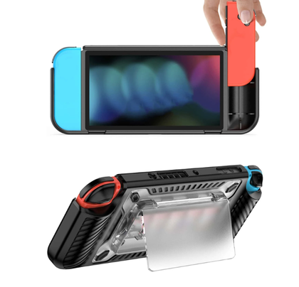Nintendo Switch OLED Protective Shockproof Case Cover Black with kick stand 5 game cartridge magnetic holder