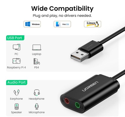 UGREEN USB External Sound Card, External Sound Card with Jack 3.5mm Headphone and Microphone Jack for Laptop PC