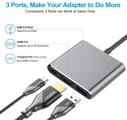 USB C to HDMI Multiport Adapter to USB (3 amp PD power InPut), HDMI 4K and USB-C for Android, iPhone 15, iPad 2020-2023, laptops and Macbooks