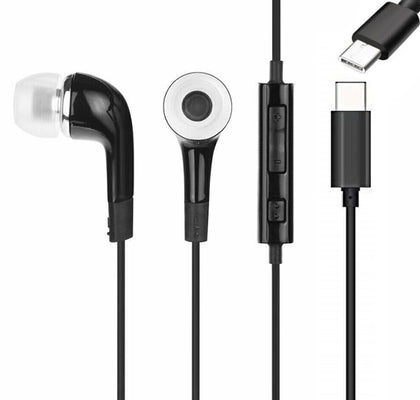 USB Type C earphones Earbud for iPhone 15, Samsung A35, A55, Note 9, 10, 20, S20, S21, S22, S23, A33, A53, A73, A54 black call answer volume buttons