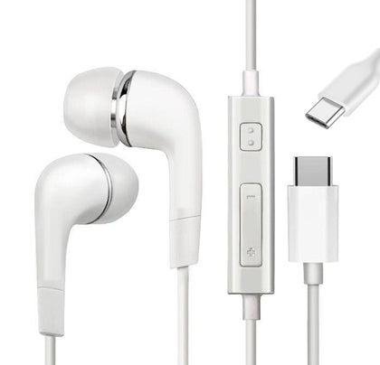 USB Type C earphones Earbud for iPhone 15, Samsung A35, A55, Note 9, 10, 20, S20, S21, S22, S23, A33, A53, A73, A54 white call answer volume buttons