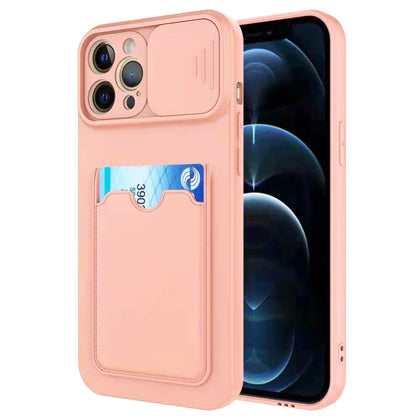 iPhone 12 Pro phone case soft silicone camera lens sliding cover card holder anti drop shockproof rugged protective pink