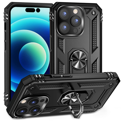 iPhone 14 Pro black armor phone case with ring - Anti-drop, shockproof and rugged protective design