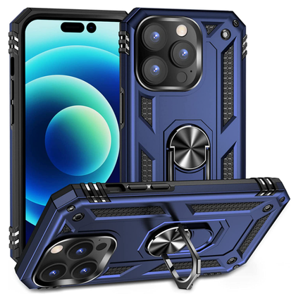iPhone 14 Pro blue armor phone case with ring - Anti-drop, shockproof and rugged protective design