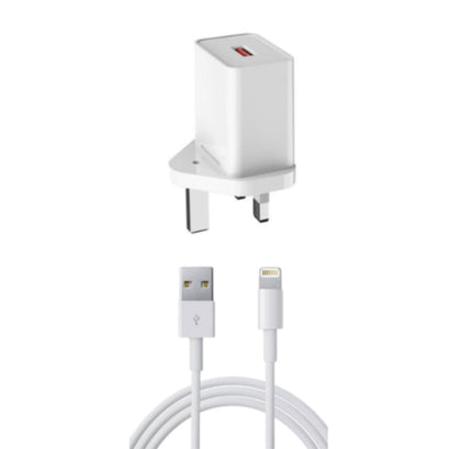 iPhone Fast charger plug with cable for iPhone 5 to 14. 20W PD+QC3.0 Fast Charge 5V/3A. White